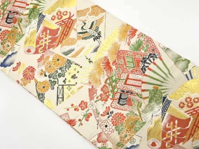 アンティーク　扇に御所車・巻物・草花模様織り出し丸帯（着用可）